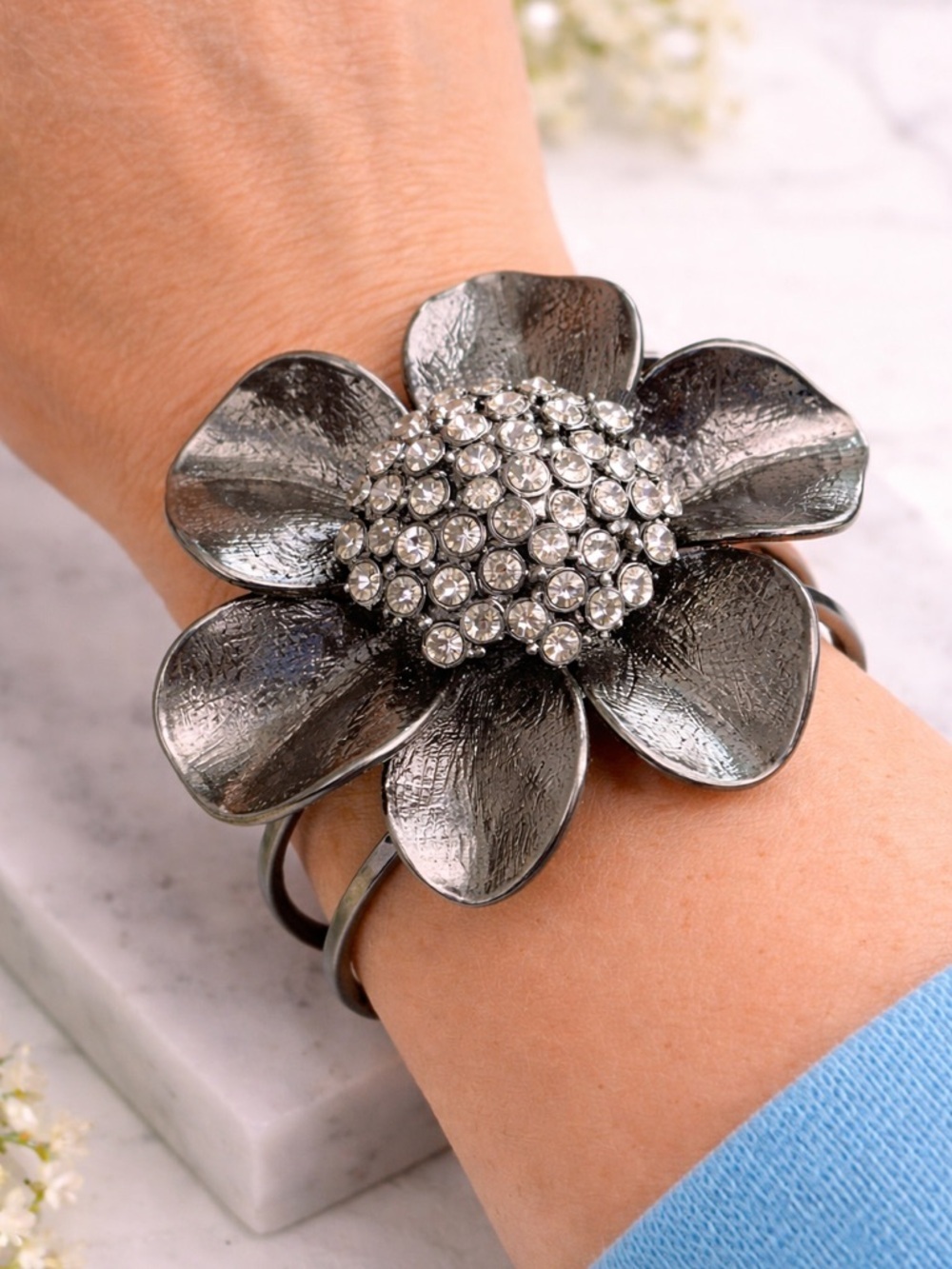 Gunmetal Floral Statement Cuff Bracelet Rhinestone Flower